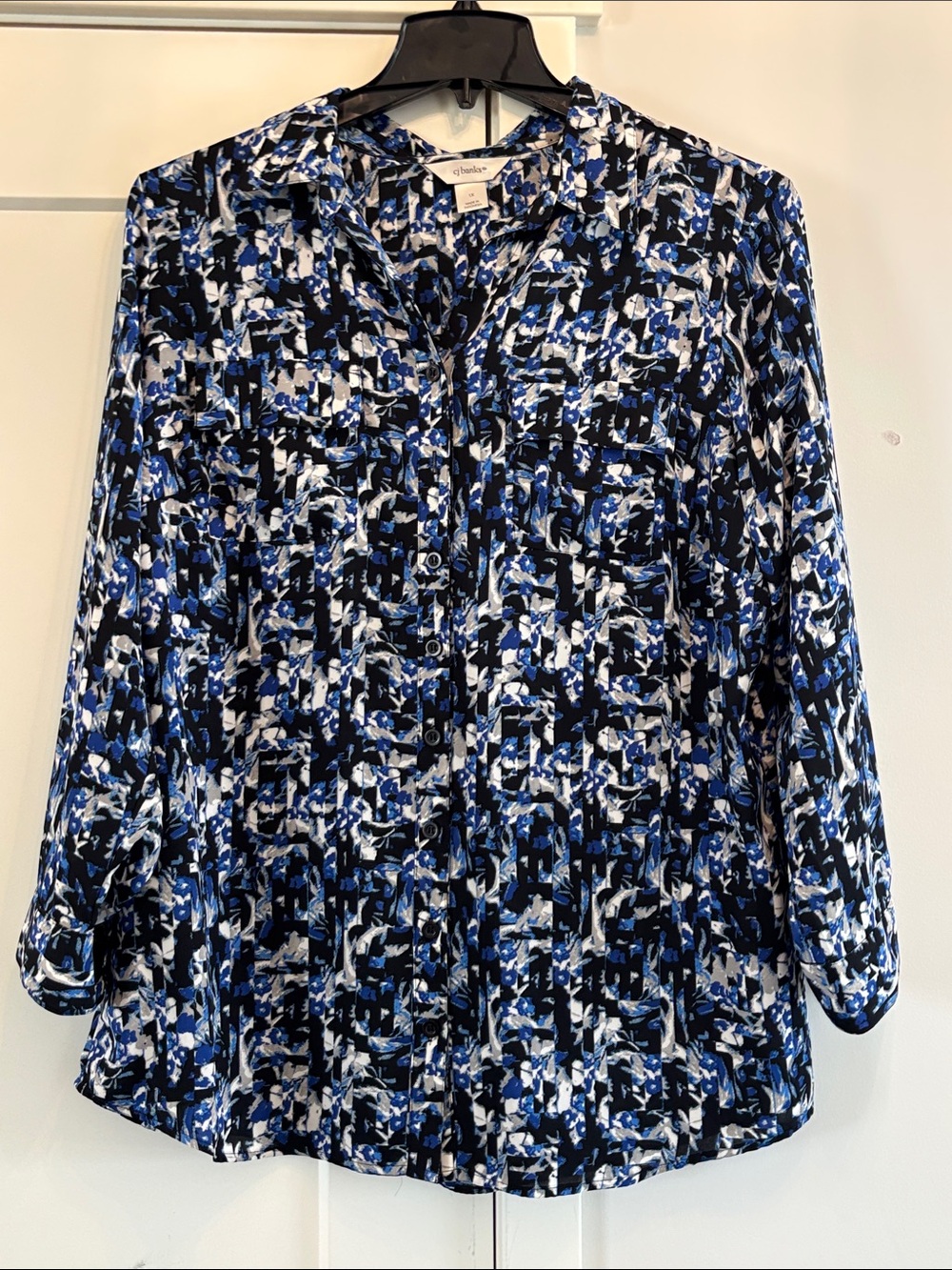 CJ Banks Blue Black White Abstract Button-Down Shirt